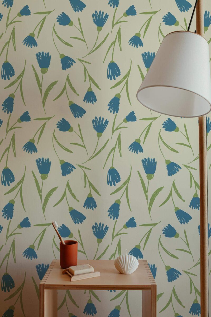 Minimal style bathroom decorated with Cornflowers on beige peel and stick wallpaper