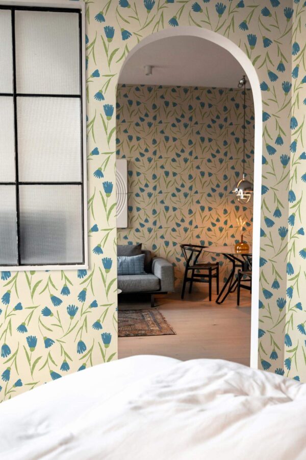 Modern scandinavian style living room decorated with Cornflowers on beige peel and stick wallpaper