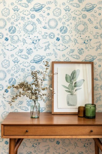 Mid-century modern style living room decorated with Cosmic stars peel and stick wallpaper