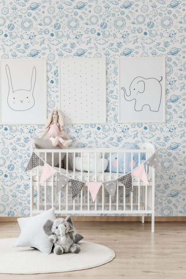 Minimal style nursery decorated with Cosmic stars peel and stick wallpaper