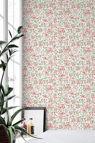This delicate cottage core floral wallpaper features a charming design of small pink and red flowers interspersed with green leaves on a white background. The playful and fresh pattern brings a lively yet soft atmosphere to any space. Perfect for brightening up dining rooms, kitchens, or home offices, this design creates a cozy and inviting vibe. The Fancy Walls peel and stick or non-pasted wallpaper offers easy installation and is made from eco-friendly materials, ensuring a stylish, sustainable choice for your home décor.