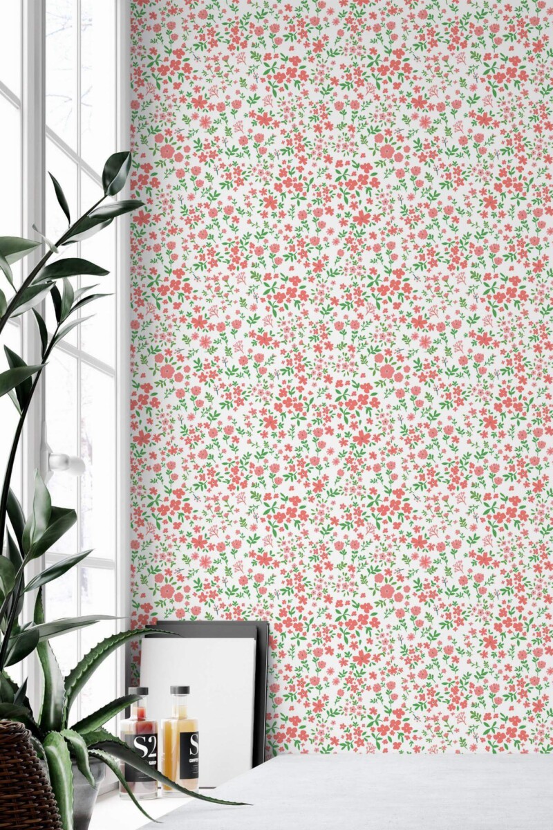 This delicate cottage core floral wallpaper features a charming design of small pink and red flowers interspersed with green leaves on a white background. The playful and fresh pattern brings a lively yet soft atmosphere to any space. Perfect for brightening up dining rooms, kitchens, or home offices, this design creates a cozy and inviting vibe. The Fancy Walls peel and stick or non-pasted wallpaper offers easy installation and is made from eco-friendly materials, ensuring a stylish, sustainable choice for your home décor.