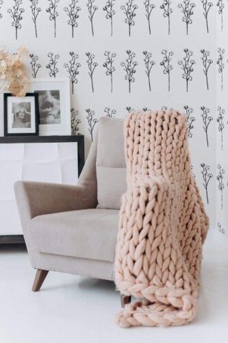 Boho style living room decorated with Cotton pattern peel and stick wallpaper