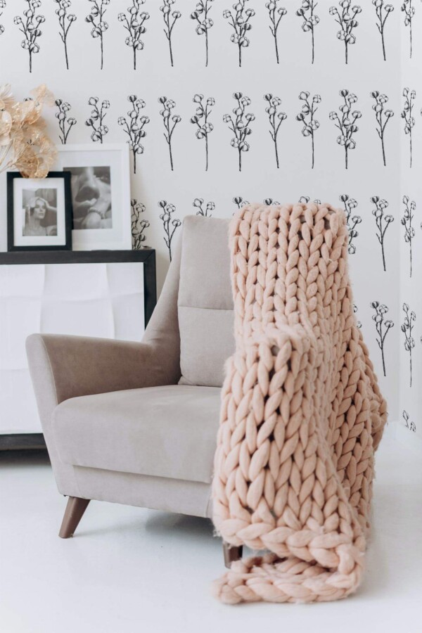 Boho style living room decorated with Cotton pattern peel and stick wallpaper