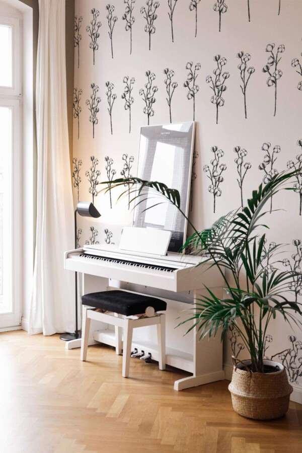 Modern style living room with a piano decorated with Cotton pattern peel and stick wallpaper