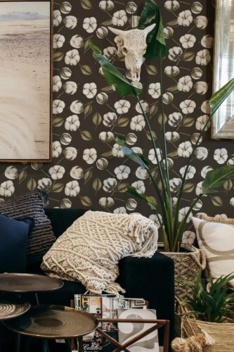 Scandinavian style living room decorated with Cotton peel and stick wallpaper