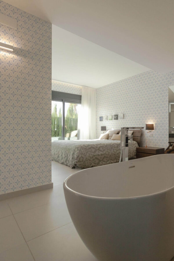 Modern style bedroom with open bathroom decorated with Country kitchen peel and stick wallpaper