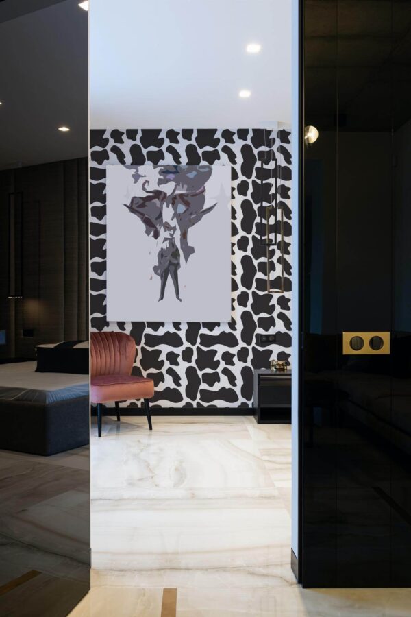Art deco style bedroom decorated with Cow Animal print peel and stick wallpaper