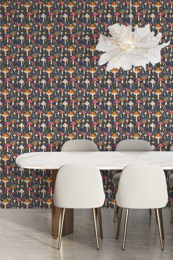 Cozy blue Scandinavian mushrooms self-adhesive wallpaper by Fancy Walls