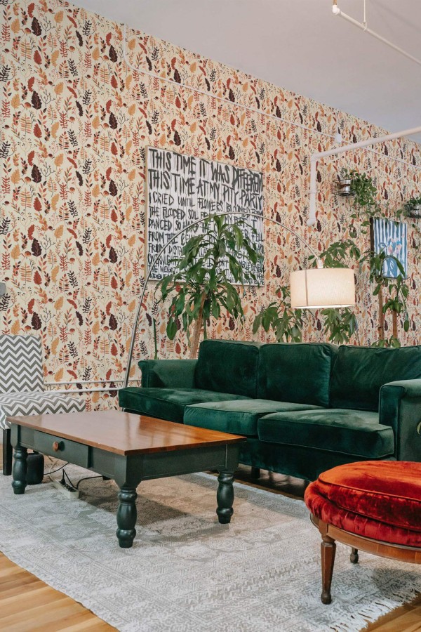 Bold eclectic style living room decorated with Cozy peel and stick wallpaper and emerald green sofa