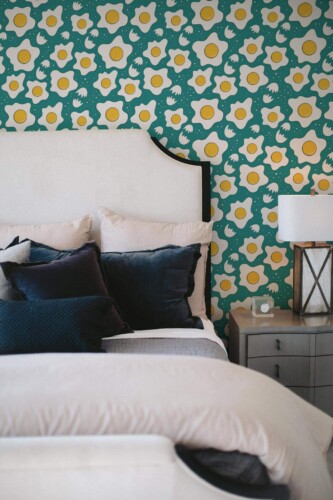 Shabby chic style bedroom decorated with Cracked eggs peel and stick wallpaper
