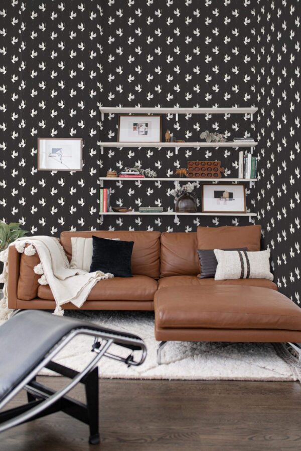 Mid-century modern style dining room decorated with Crane bird peel and stick wallpaper