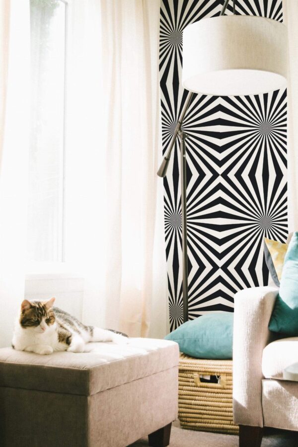 Coastal style living room decorated with Crazy lines peel and stick wallpaper