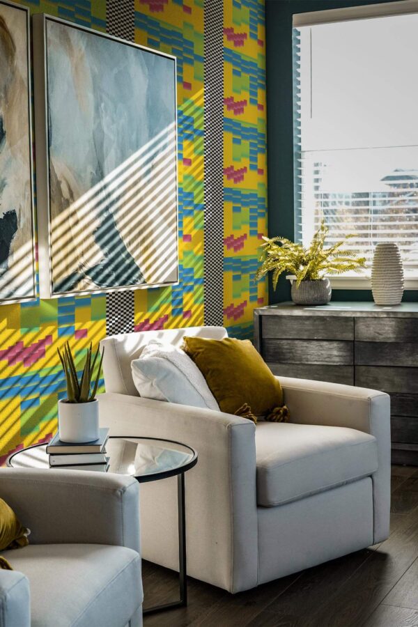 Shabby chic style living room decorated with Crazy pixels peel and stick wallpaper