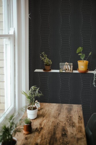 Farmhouse style home office decorated with Crocodile peel and stick wallpaper