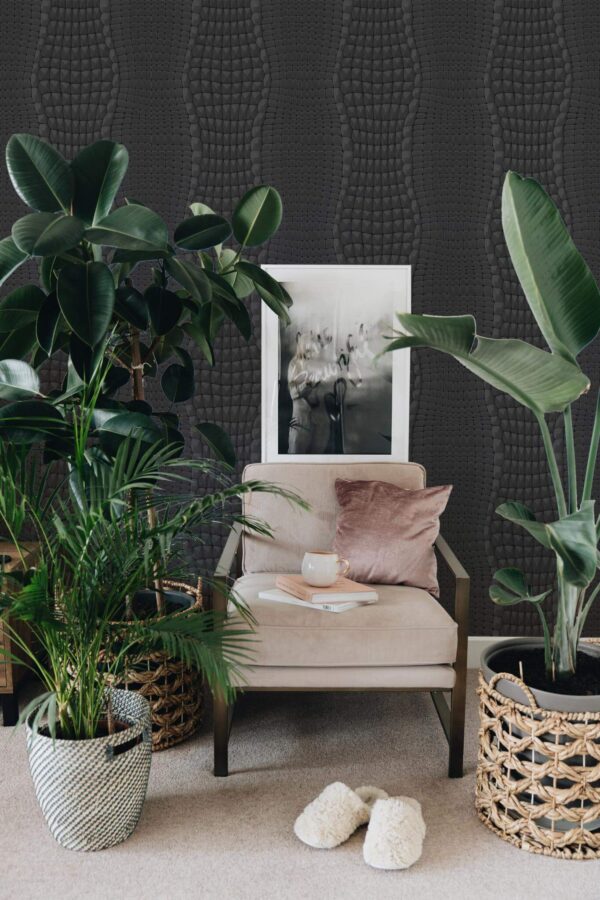 Modern boho style living room decorated with Crocodile peel and stick wallpaper