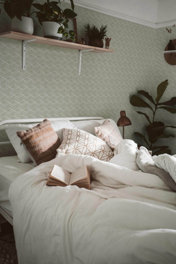 Boho style bedroom decorated with Cube peel and stick wallpaper
