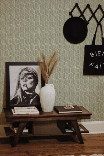 Rustic farmhouse style entryway decorated with Cube peel and stick wallpaper