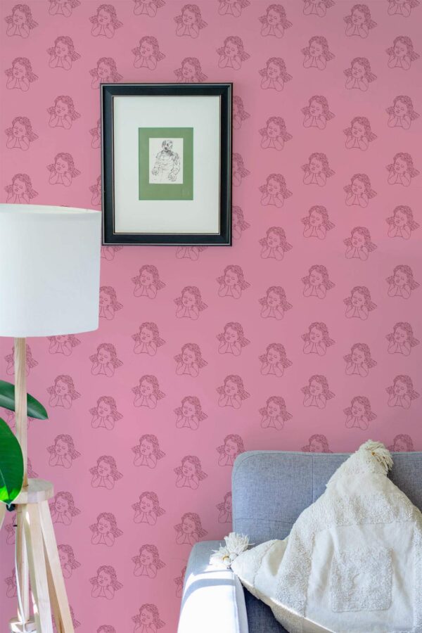 Eastern European style living room decorated with Cupid peel and stick wallpaper