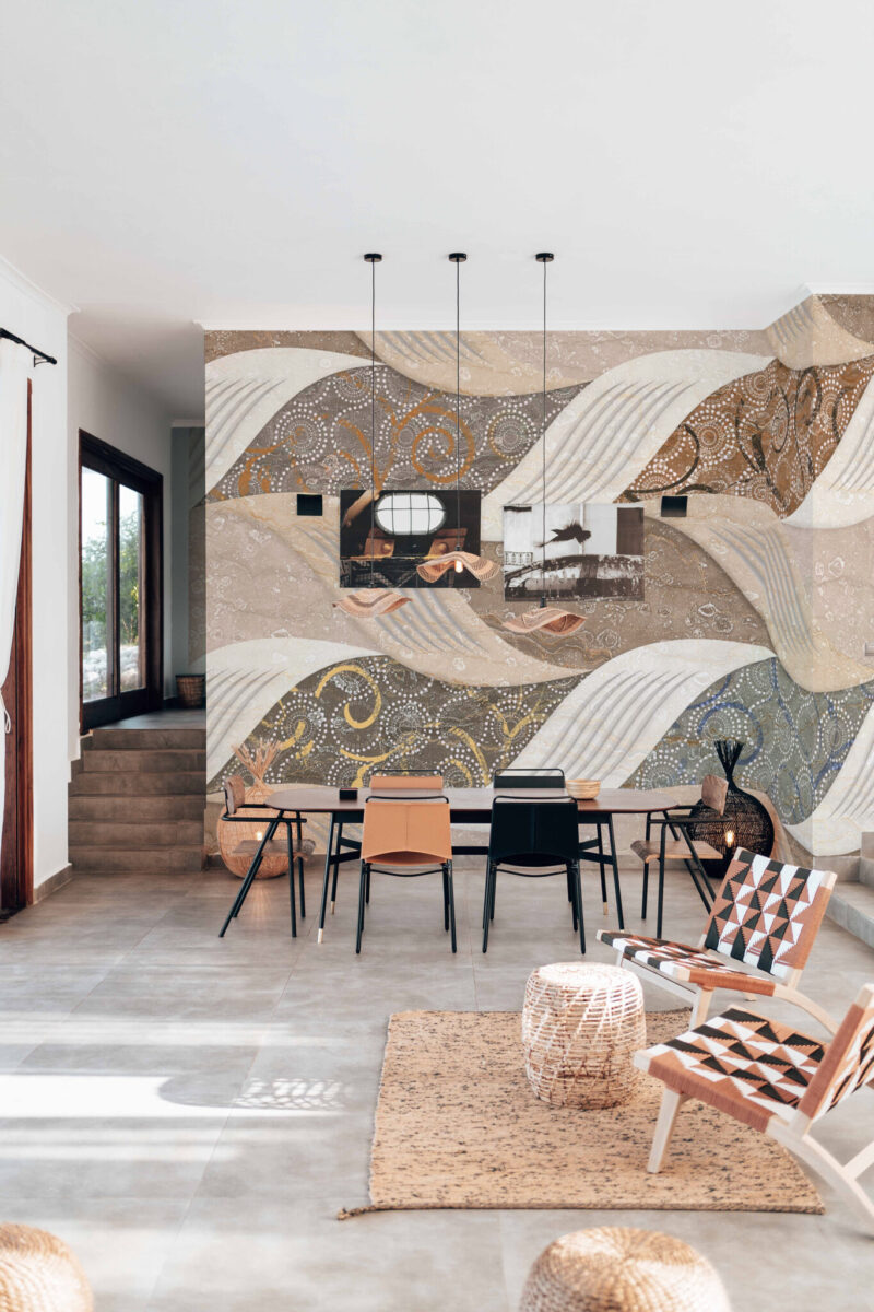 Vintage Tile Waves Wall Mural with abstract wave-like tile patterns in brown and beige, ideal for living rooms, dining areas, or eclectic vintage-inspired spaces.