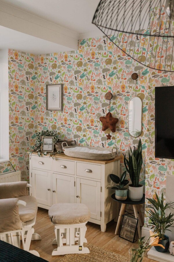 Neutral style nursery decorated with Cute animal alphabet peel and stick wallpaper