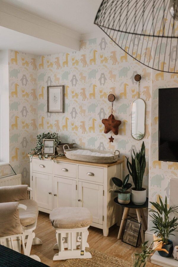 Neutral style nursery decorated with Cute animals peel and stick wallpaper