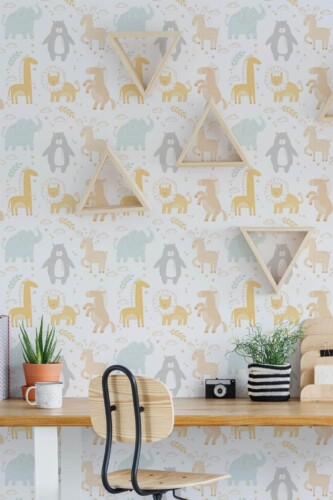 Scandinavian style home office decorated with Cute animals peel and stick wallpaper
