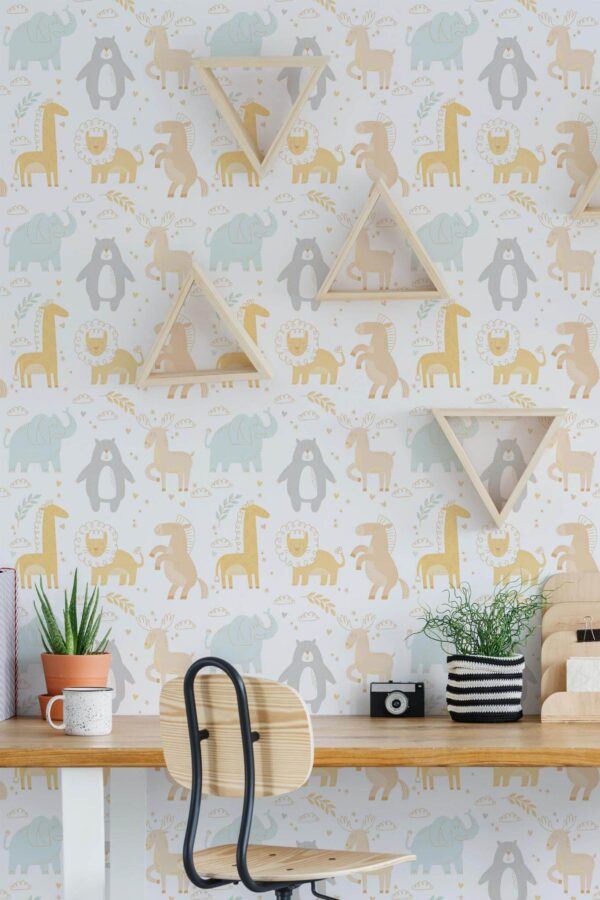 Scandinavian style home office decorated with Cute animals peel and stick wallpaper