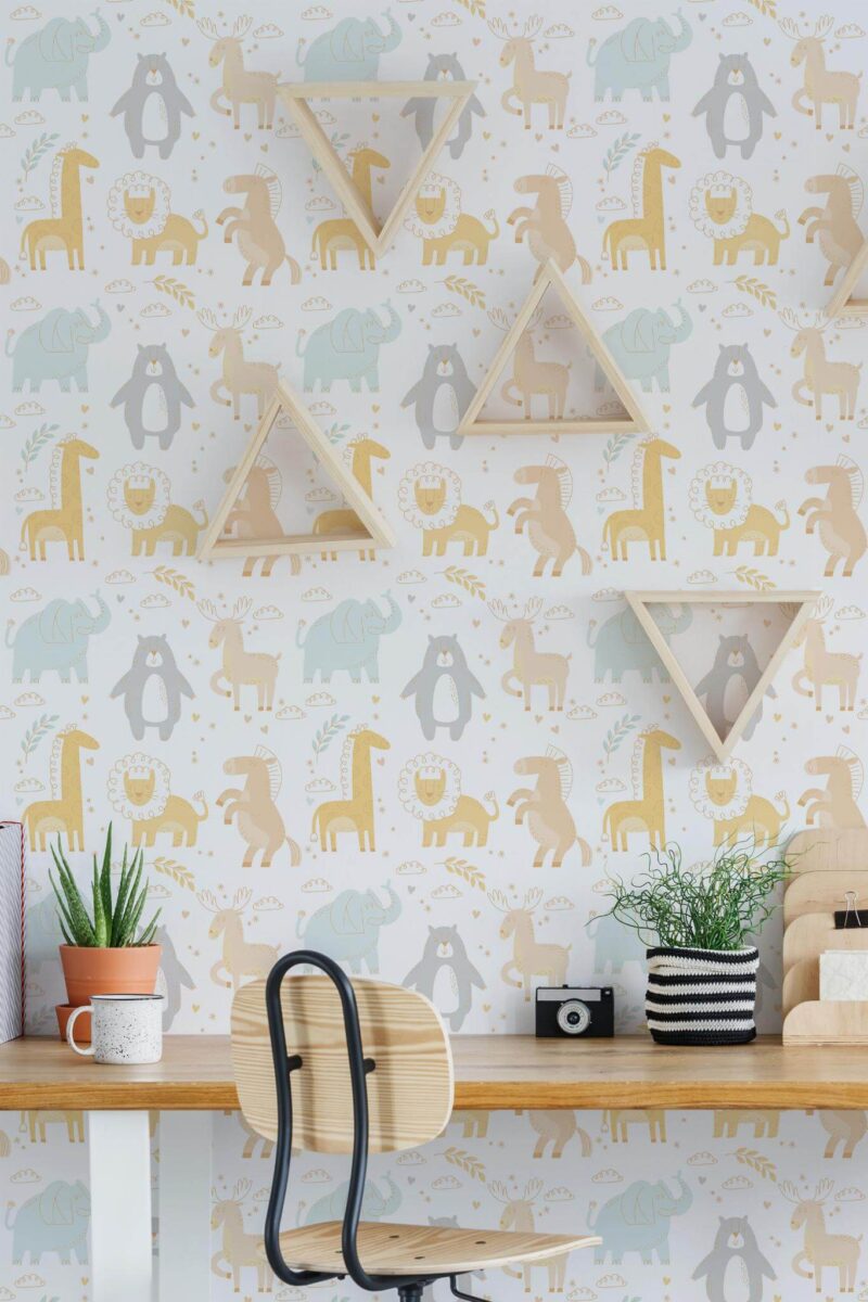 Scandinavian style home office decorated with Cute animals peel and stick wallpaper