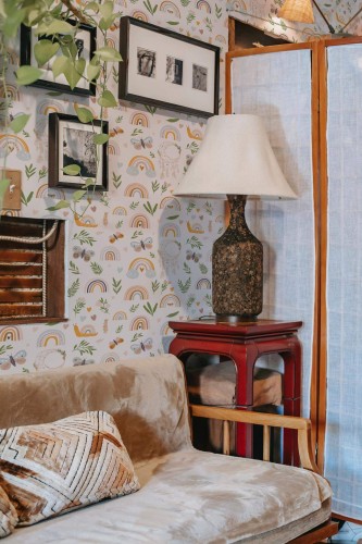 Southwestern style living room decorated with Cute Boho nursery peel and stick wallpaper