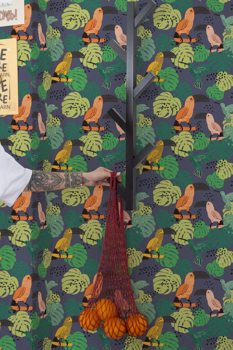 Scandinavian style kitchen decorated with Cute bold tropical peel and stick wallpaper