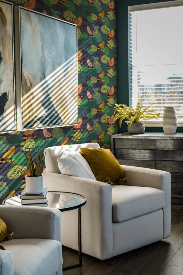 Shabby chic style living room decorated with Cute bold tropical peel and stick wallpaper