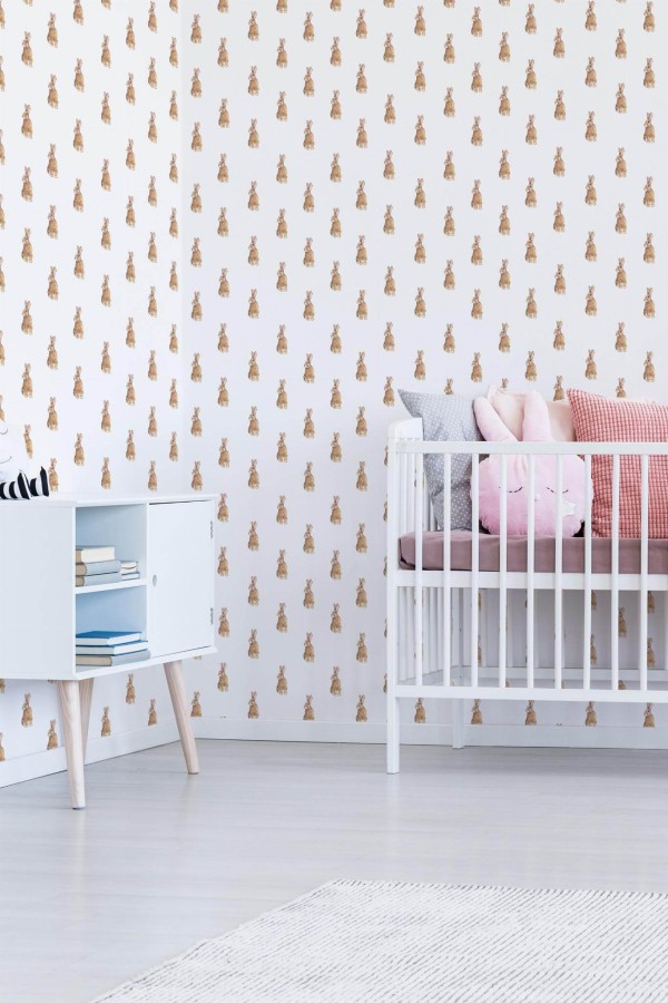 Minimal girly style nursery decorated with Cute Bunny peel and stick wallpaper
