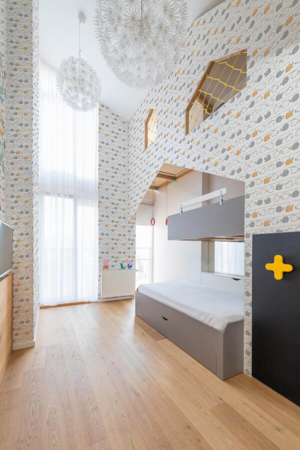 Modern style kids room decorated with Cute Cat peel and stick wallpaper