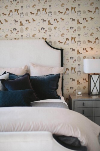 Shabby chic style bedroom decorated with Cute dog peel and stick wallpaper