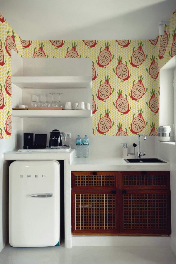 Rustic minimal style kitchen decorated with Cute dragon fruit peel and stick wallpaper