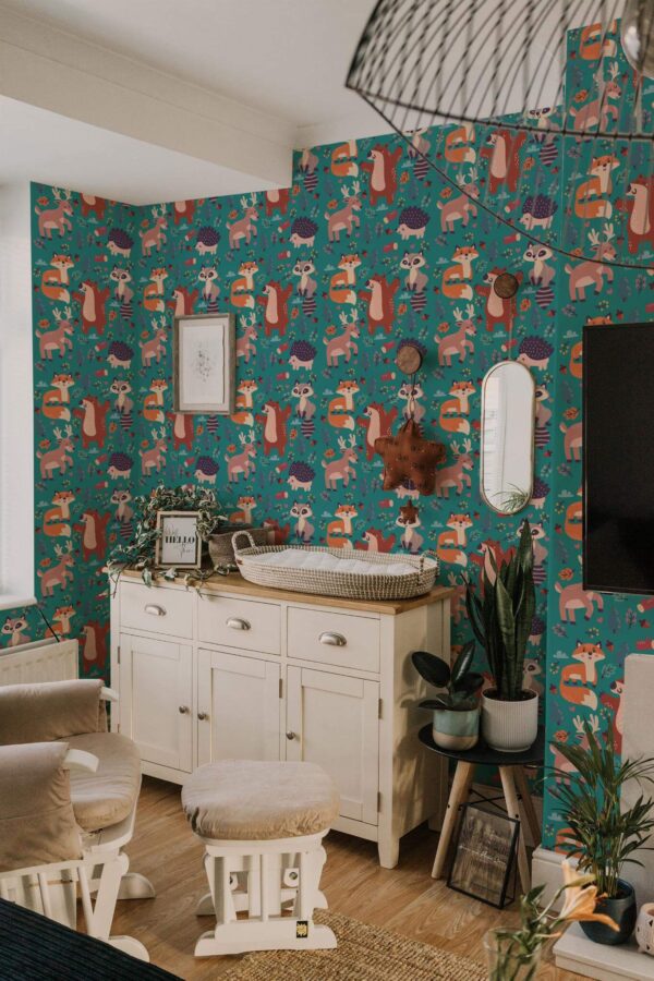 Neutral style nursery decorated with Cute forest animals peel and stick wallpaper