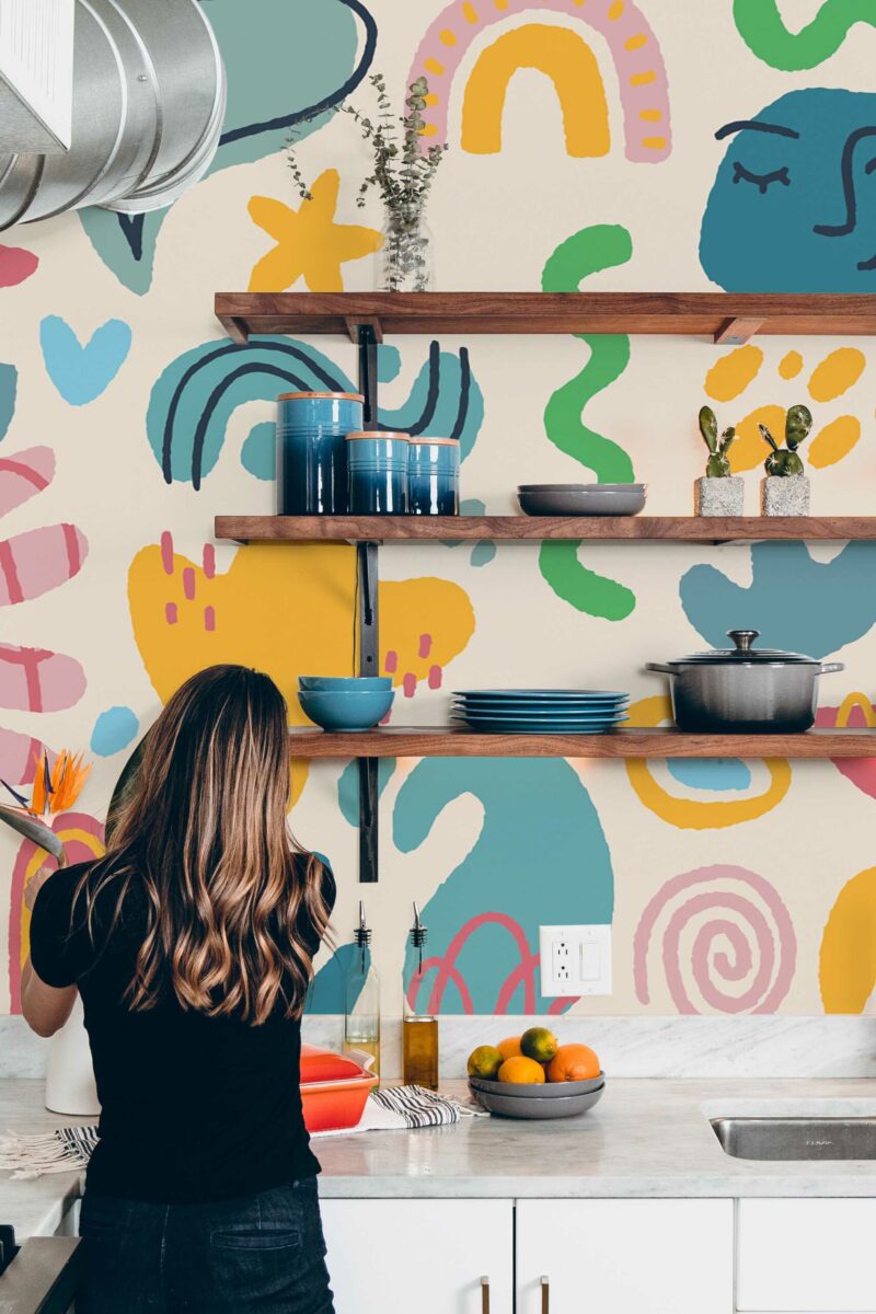 Cheerful Cute Kitchen Wall Mural with colorful doodle-like abstract shapes on a light background, perfect for kitchens, dining spaces, or playful accent walls.