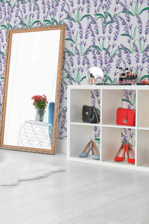 Scandinavian style powder room decorated with Cute lavender peel and stick wallpaper