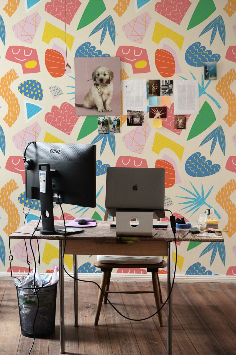 Fun Office Wall Mural with colorful playful shapes on a light background, perfect for offices, creative studios, or cheerful modern accent walls.
