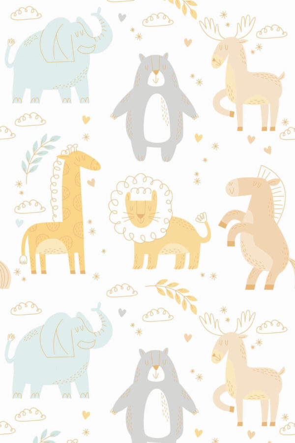 Pattern repeat of Cute Pastel Animals removable wallpaper design