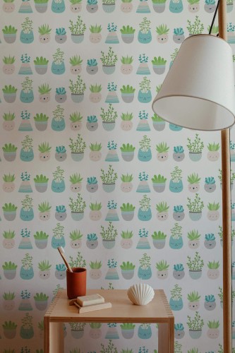 Minimal style bathroom decorated with Cute plants peel and stick wallpaper