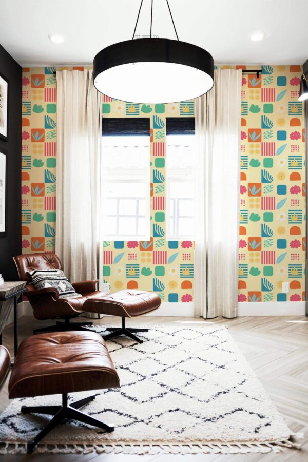 MId-century modern style living room decorated with Cute sun peel and stick wallpaper