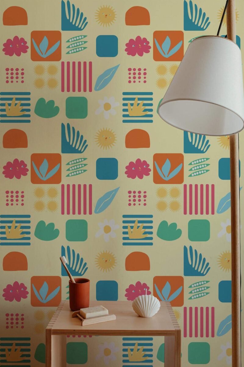 Minimal style bathroom decorated with Cute sun peel and stick wallpaper