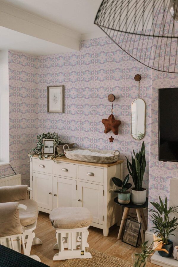 Neutral style nursery decorated with Cute unicorn peel and stick wallpaper