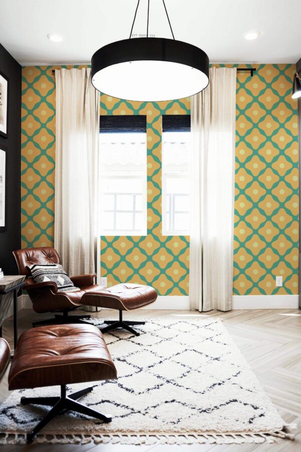 MId-century modern style living room decorated with Cute vintage flowers peel and stick wallpaper