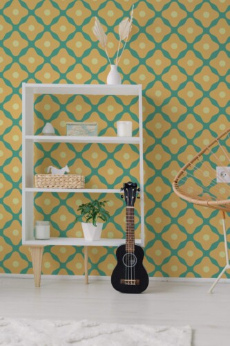 Minimal boho style living room decorated with Cute vintage flowers peel and stick wallpaper