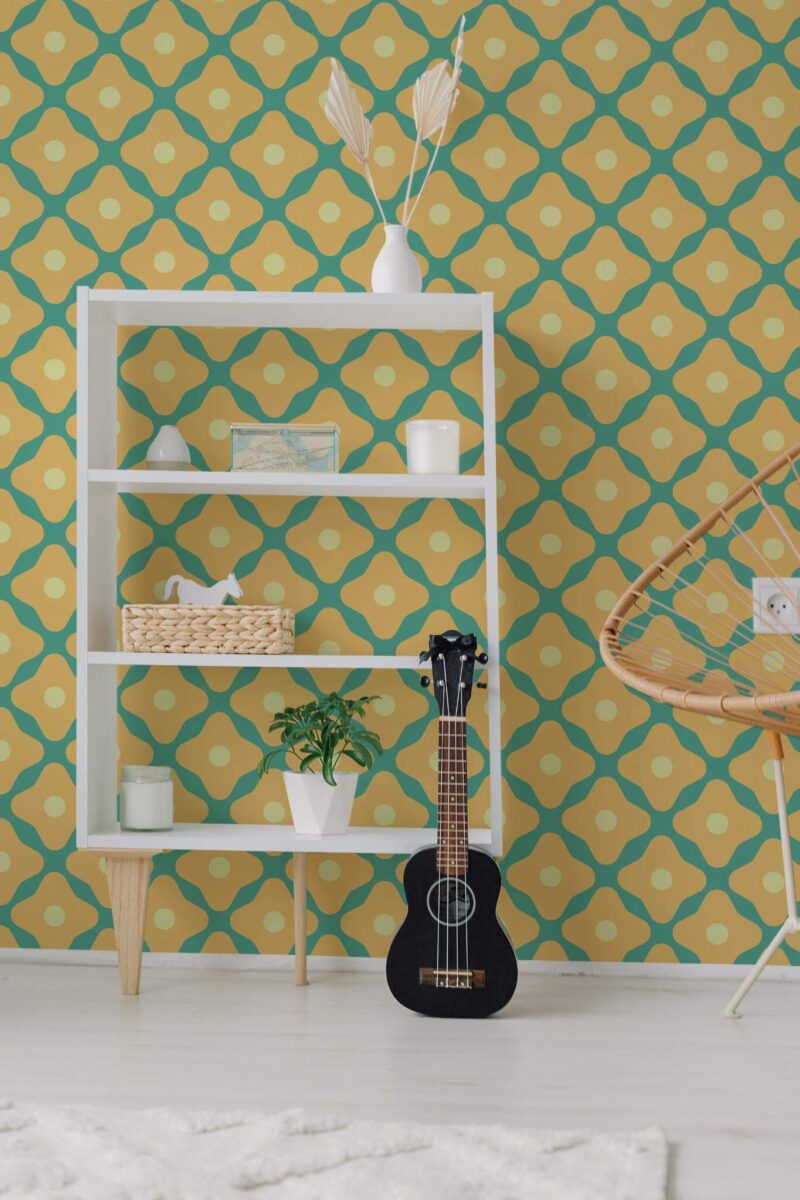 Minimal boho style living room decorated with Cute vintage flowers peel and stick wallpaper