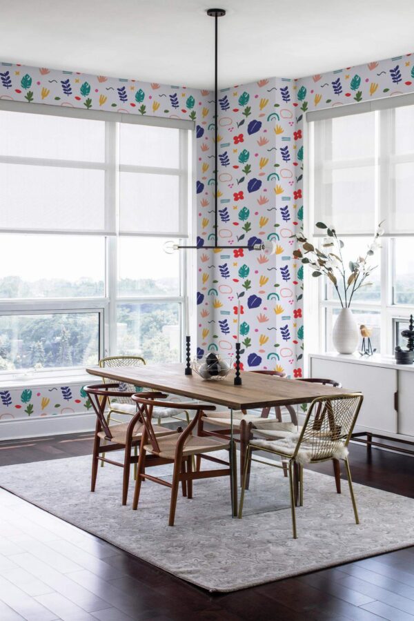 Modern minimalist style dining room decorated with Cutout flowers peel and stick wallpaper