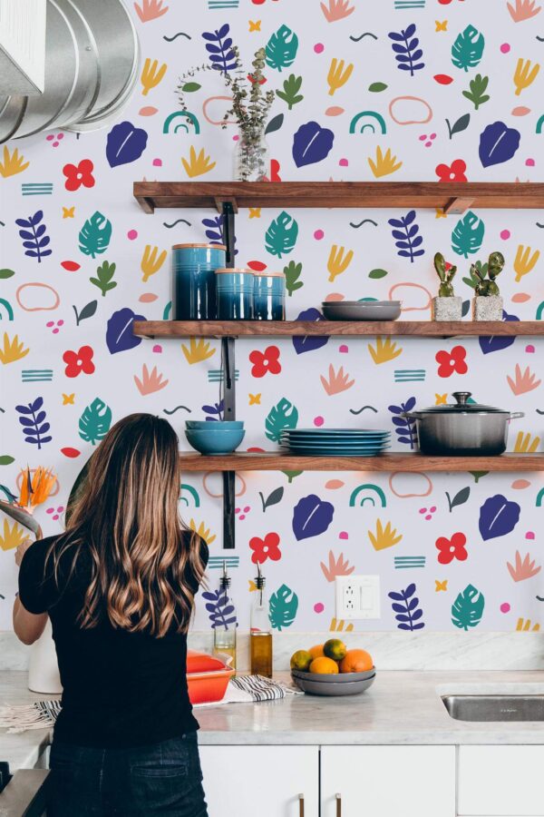 Modern Rustic style kitchen decorated with Cutout flowers peel and stick wallpaper